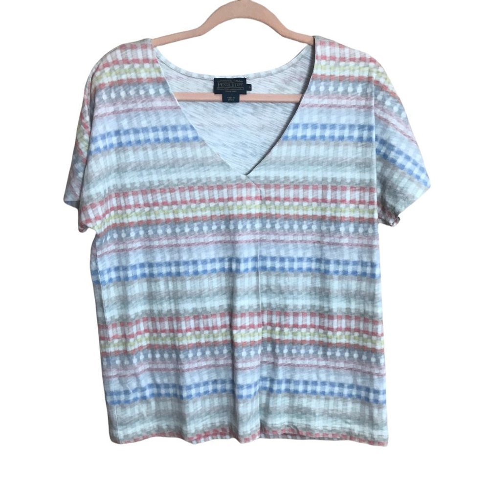 Pendleton Top Women Sz Small Multicolored Striped Pullover V-Neck Short Sleeve